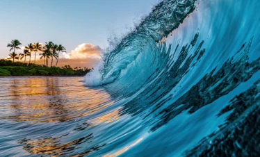 hawaii ocean wave curling with palm trees and sunset in background