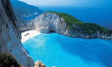 mediteranean ocean with two islands inbetween beach shore